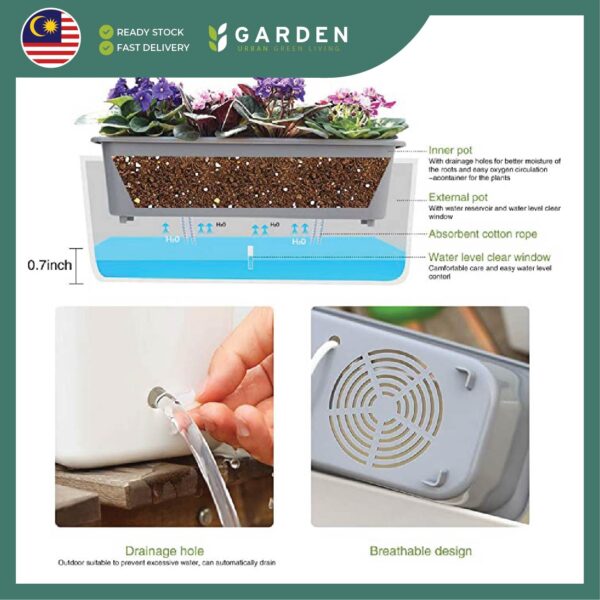 17 Inch Rectangle Self Watering Pot | 17寸长方形自吸水花盆