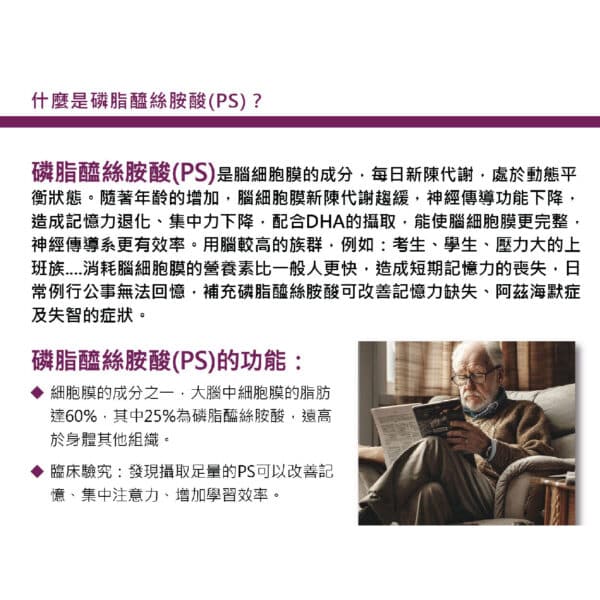 PS Phosphatidylserine (60 Capsules/Box) Brain booster 複方膠囊｜改善过动 提升記憶力 專注力 學習力｜學生 上班族 銀髮族 適用｜預防健忘 阿茲海默症保健配方