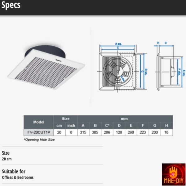 PANASONIC Ceiling Mount Ventilation Fan FV-20CUT1NAHP