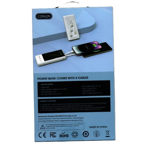 CONLIN Powerbank 10000mAh 4 in 1 Cables | 4 Output | 2 Input | LED Display